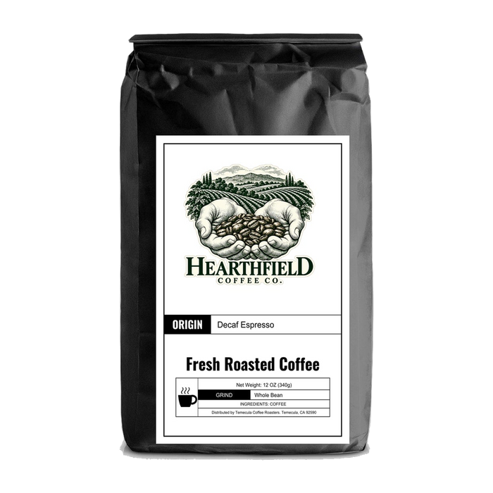 Hearthfield Coffee Co. Decaf Espresso Beans, bag of dark roast water-process decaf espresso coffee