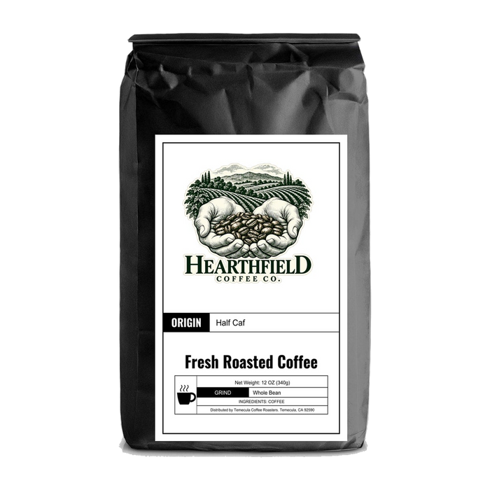 Hearthfield Coffee Co. Half Caff Coffee, 12 oz bag of fresh roasted medium roast half caffeinated coffee